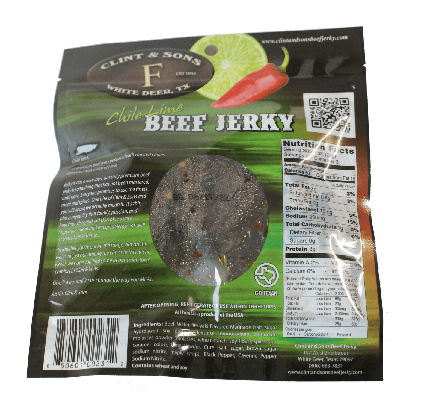 Clint and Sons Chili Lime Beef Jerky, 3 oz