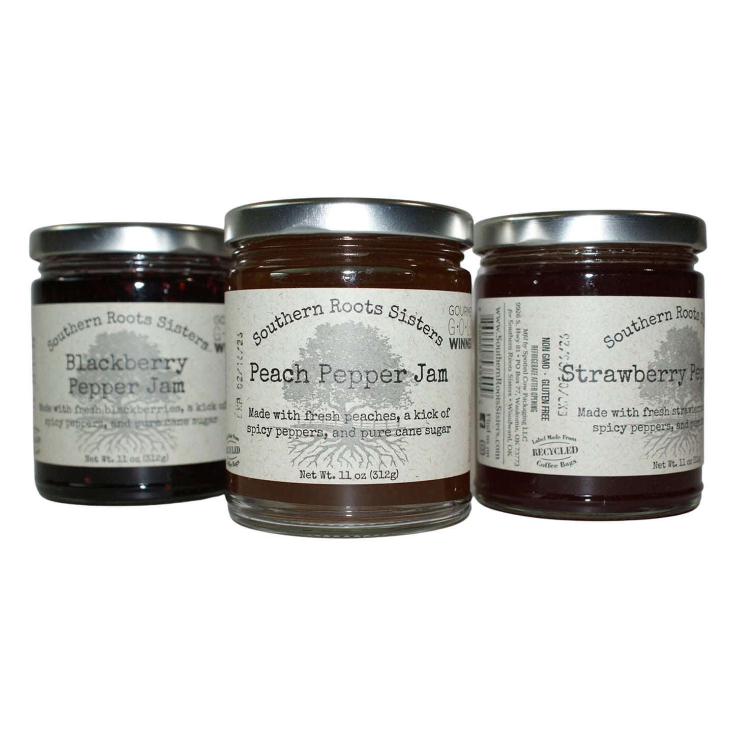 Hot Pepper Jam 3 -pc Sampler Set, Strawberry, Blackberry, Peach (11 oz jars)